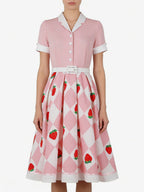 1950s Vintage Fruit Print Swing Dress Contrast Collar Puff Sleeve Belted Midi Dress
