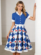 1950s Vintage Fruit Print Swing Dress Contrast Collar Puff Sleeve Belted Midi Dress