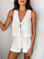 Two Piece Sets White Daily Casual V-Neck Sleeveless Elegant Pant Set