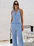Women Halter V Neck Zip Crop Vest Wide Leg Pants 2 Piece Matching Suit Set