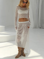 Women Sheer Lace 2 Piece Cover Up Set Long Sleeve Crop Top Asymmetrical Maxi Skirt