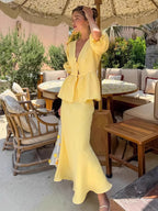 Women V Neck Front Tie Puff Sleeve Peplum Top Mermaid Maxi Skirt 2 Piece Set