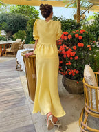 Women V Neck Front Tie Puff Sleeve Peplum Top Mermaid Maxi Skirt 2 Piece Set