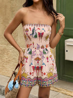 Strapless Bohemian Print Romper Floral Print Summer Beach Casual Short Jumpsuit
