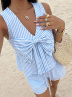 Women Vertical Striped Sleeveless V Neck Big Bow Crop Top Elastic Shorts 2 Piece Set