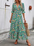 Vacation Maxi Dress Boho Green Abstract Print V Neck Frill Short Sleeve Elastic Waist Tiered Hem Flowy Dress