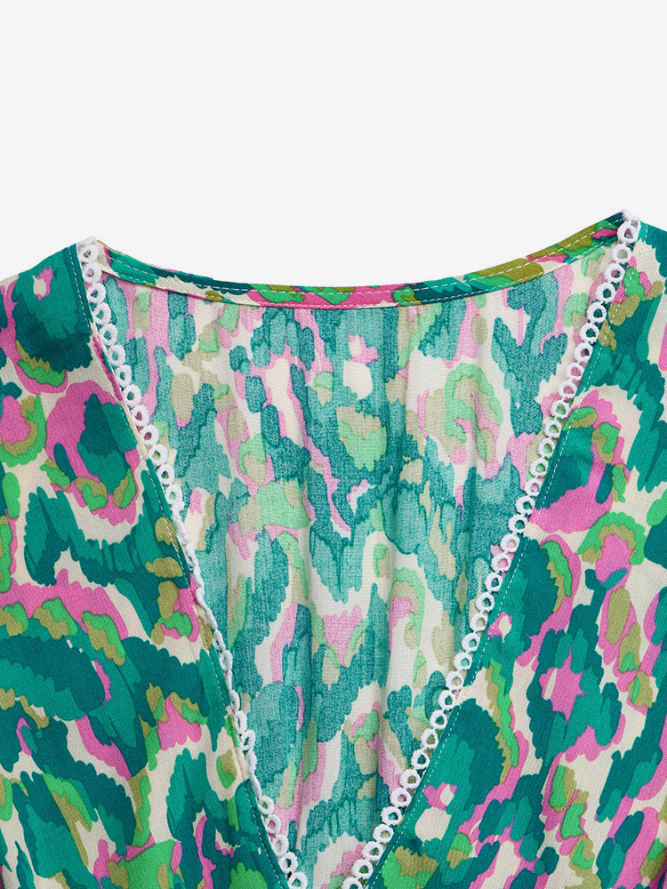 Vacation Maxi Dress Boho Green Abstract Print V Neck Frill Short Sleeve Elastic Waist Tiered Hem Flowy Dress