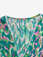 Vacation Maxi Dress Boho Green Abstract Print V Neck Frill Short Sleeve Elastic Waist Tiered Hem Flowy Dress