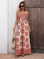 Boho Strapless Floral Print Wide Leg Jumpsuit Women Vacation Beach Outfit