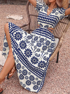 Vacation Dress Flowy Vintage Floral Maxi V Neck Puff Sleeve Summer Dress