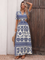 Vacation Dress Flowy Vintage Floral Maxi V Neck Puff Sleeve Summer Dress