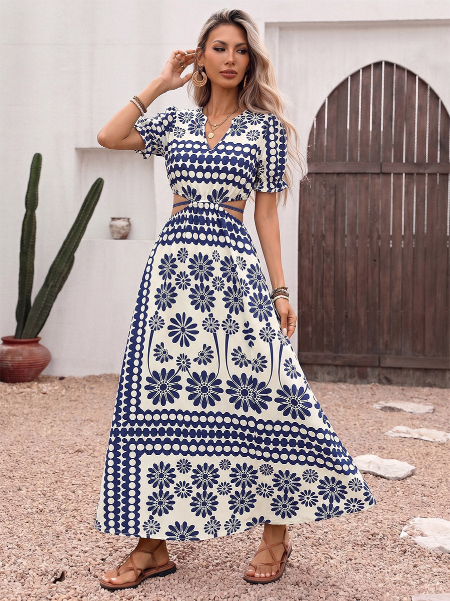 Vacation Dress Flowy Vintage Floral Maxi V Neck Puff Sleeve Summer Dress
