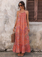 Vacation Maxi Dress Boho Orange Tropical Print Halter Neck Beach Sundress