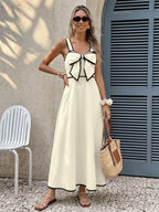 Vacation Dress Ivory Contrast Black Trim Cami Midi Straps Summer Dress