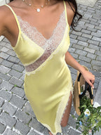 Date Night Dresses Slim Bodycon Yellow Silk Satin Cami Sheer Lace Long Dress