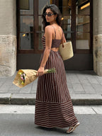Vacation Long Dress Striped Cami Maxi Square Neck Elastic Cut Out Back Loose Flowy Summer Sundress