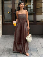 Vacation Long Dress Striped Cami Maxi Square Neck Elastic Cut Out Back Loose Flowy Summer Sundress