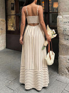 Vacation Long Dress Striped Cami Maxi Square Neck Elastic Cut Out Back Loose Flowy Summer Sundress