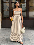 Vacation Long Dress Striped Cami Maxi Square Neck Elastic Cut Out Back Loose Flowy Summer Sundress