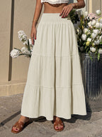 Women Smocked High Waist Tiered Maxi Skirt Textured Flowy Casual Beach Skirt