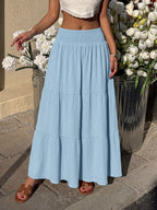 Women Smocked High Waist Tiered Maxi Skirt Textured Flowy Casual Beach Skirt