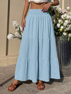 Women Smocked High Waist Tiered Maxi Skirt Textured Flowy Casual Beach Skirt
