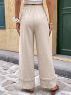 Women Linen Blend Drawstring Wide Leg Pants Lace Hem Elastic Waist Casual Trousers