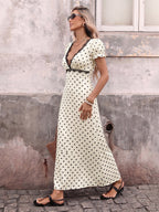 Vacation Dresses Flowy Midi Polka Dot Ivory Deep V Neck Ruffle Sleeve Lace Open Back Self Tie Waist Dress