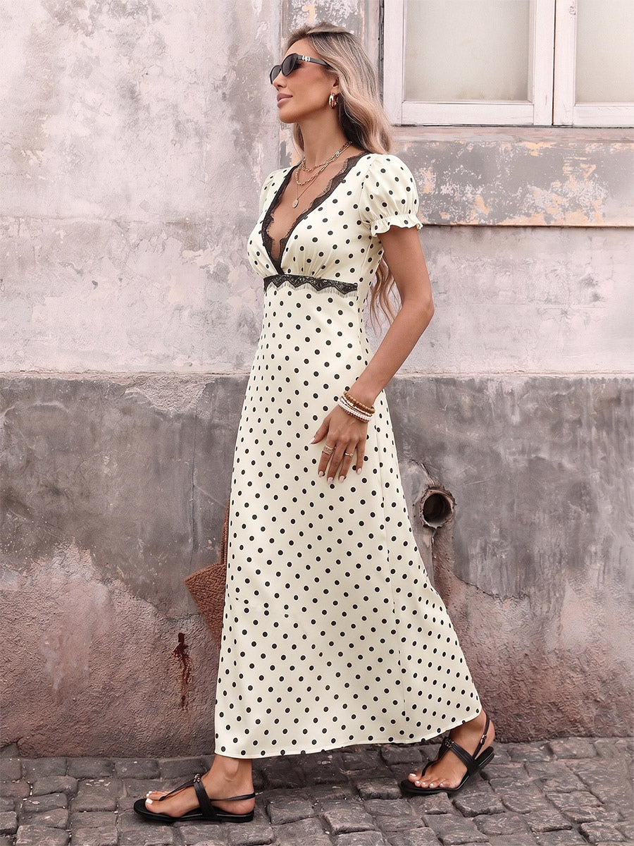 Vacation Dresses Flowy Midi Polka Dot Ivory Deep V Neck Ruffle Sleeve Lace Open Back Self Tie Waist Dress