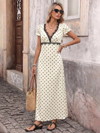 Vacation Dresses Flowy Midi Polka Dot Ivory Deep V Neck Ruffle Sleeve Lace Open Back Self Tie Waist Dress