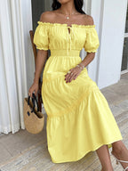 Vacation Dresses Midi Off The Shoulder Puff Sleeve Summer Beach Sundress