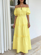 Vacation Dresses Midi Off The Shoulder Puff Sleeve Summer Beach Sundress