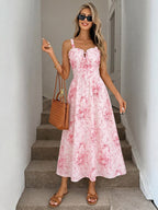 Vacation Sundress Pink Tiny Floral Print Spaghetti Strap Casual Flowy Midi Dress