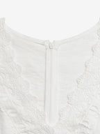 Boho Off-White Textured Jumpsuit V-Neck Ruffle Short Sleeve Crochet Lace Cutout High Waist Wide Leg Casual Playsuit