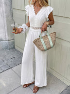 Boho Off-White Textured Jumpsuit V-Neck Ruffle Short Sleeve Crochet Lace Cutout High Waist Wide Leg Casual Playsuit