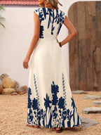 Vacation Sundress Dark Blue Block Floral Square Neck Sleeveless Flowy Boho Beach Summer Dress