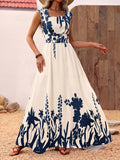 Vacation Sundress Dark Blue Block Floral Square Neck Sleeveless Flowy Boho Beach Summer Dress