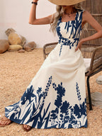 Vacation Sundress Dark Blue Block Floral Square Neck Sleeveless Flowy Boho Beach Summer Dress