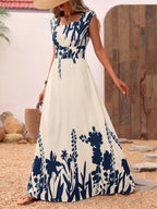 Vacation Sundress Dark Blue Block Floral Square Neck Sleeveless Flowy Boho Beach Summer Dress