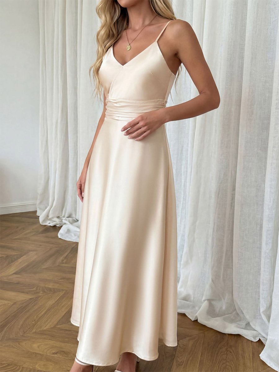 Date Night Dresses Champagne Satin Slip Spaghetti Straps Bridesmaid Evening Midi Dress