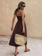 Vacation Dress Cami Ruffle Trim Square Neck Self Tie Elastic Waist Loose Casual Midi Dress
