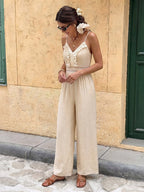 Jumpsuit Spaghetti Straps V Neck Fringe Crochet Lace Waist Elastic Back Wide Leg Casual Playsuit