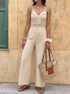 Jumpsuit Spaghetti Straps V Neck Fringe Crochet Lace Waist Elastic Back Wide Leg Casual Playsuit