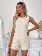 Women Beaded Star Trim Sleeveless Tank Elastic Waist Shorts 2 Piece Linen Set