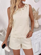 Women Beaded Star Trim Sleeveless Tank Elastic Waist Shorts 2 Piece Linen Set