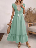 Vacation Dress Maxi Jewel Neck Sleeveless Green Embroidery Bohemian Lace Up Long Dress