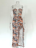 Vacation Dresses Maxi Irregular Sleeveless Strapless Sexy Leopard Dress