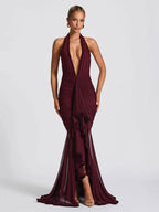 Party Dress Maxi Black V-Neck Pleated Sleeveless Sexy Semi Formal Dress