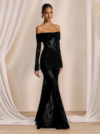 Party Dress Maxi Burgundy Off-The-Shoulder Lace Long Sleeves Sexy Semi Formal Dress