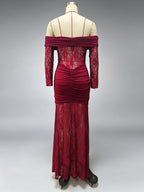 Party Dress Maxi Burgundy Off-The-Shoulder Lace Long Sleeves Sexy Semi Formal Dress